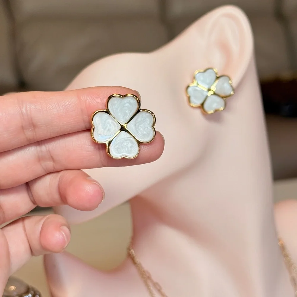 Gold and White Flower Earrings